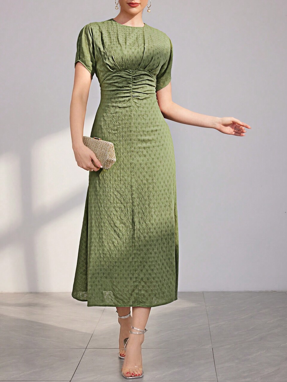 Ladies' Solid Color Texture Pleated Waist Dress