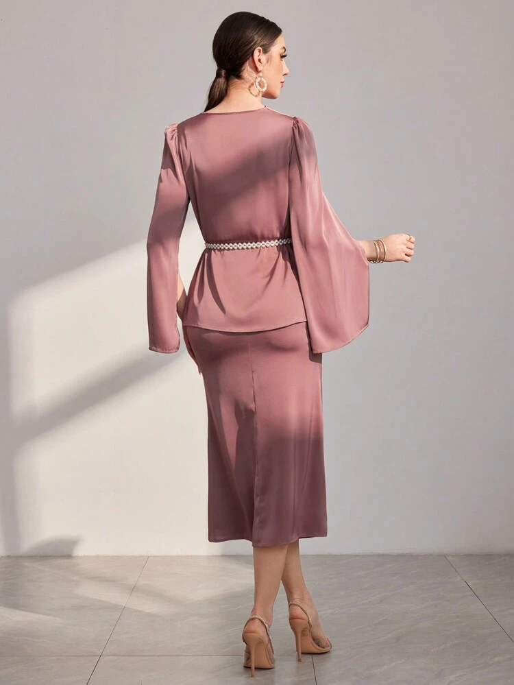 Solid Color V-Neck Cape Sleeve Top And Fish Tail Hem Skirt 2 Piece Set