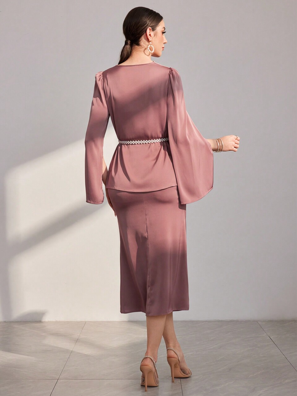 Solid Color V-Neck Cape Sleeve Top And Fish Tail Hem Skirt 2 Piece Set