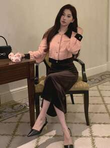 DAZY Women's Colorblock Jacket With Solid Color Knee Length Skirt Set, Women Two Pieces Sets,Fall Clothes - Pink - View 5