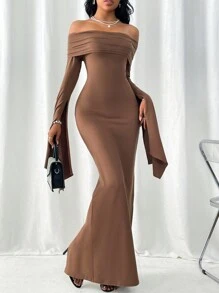 Firerie Quay xuống Vòng cổ Off Shoulder Dài Đuôi cá Hem Đầm - màu nâu - Xem 5