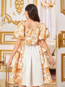 SHEIN Tween Girl Cute Bubble Sleeve Square Neck Cropped Shirt With Floral Print - Yellow - View 2