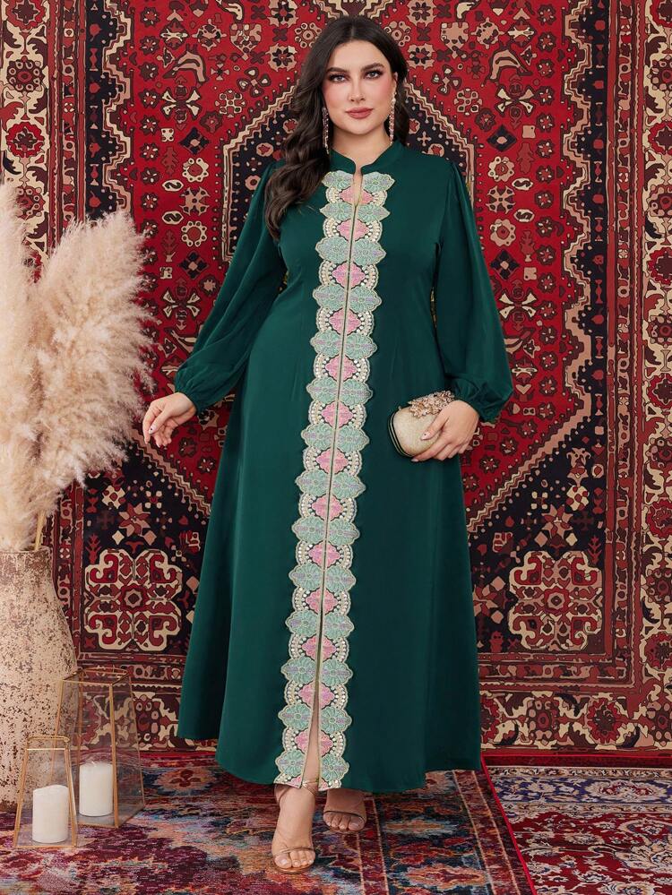 Plus Size Embroidered Decor Lantern Sleeve Arabic Clothing Kaftan Jalabiya Dress