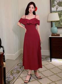 DAZY 露肩荷叶边开衩连衣裙 舞会礼服 吊带裙 红色女装 优雅女装