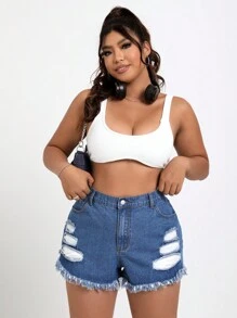 SHEIN EZwear Plus Size Frayed Hole Design Denim Mini Shorts Without Elasticity