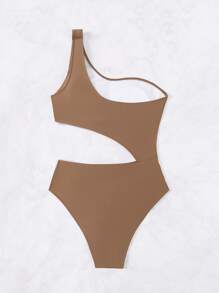 SHEIN Swim Women's Color Block One Shoulder Cut Out Patchwork Fashionable One-Piece Swimsuit Bathing Suit For Swimming, Vocation, Summer Beach