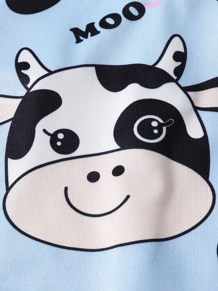 Baby Girl Cow Print Long Sleeve Footed Jumpsuit With Hat And Bib, 3pcs Set Home Outfit