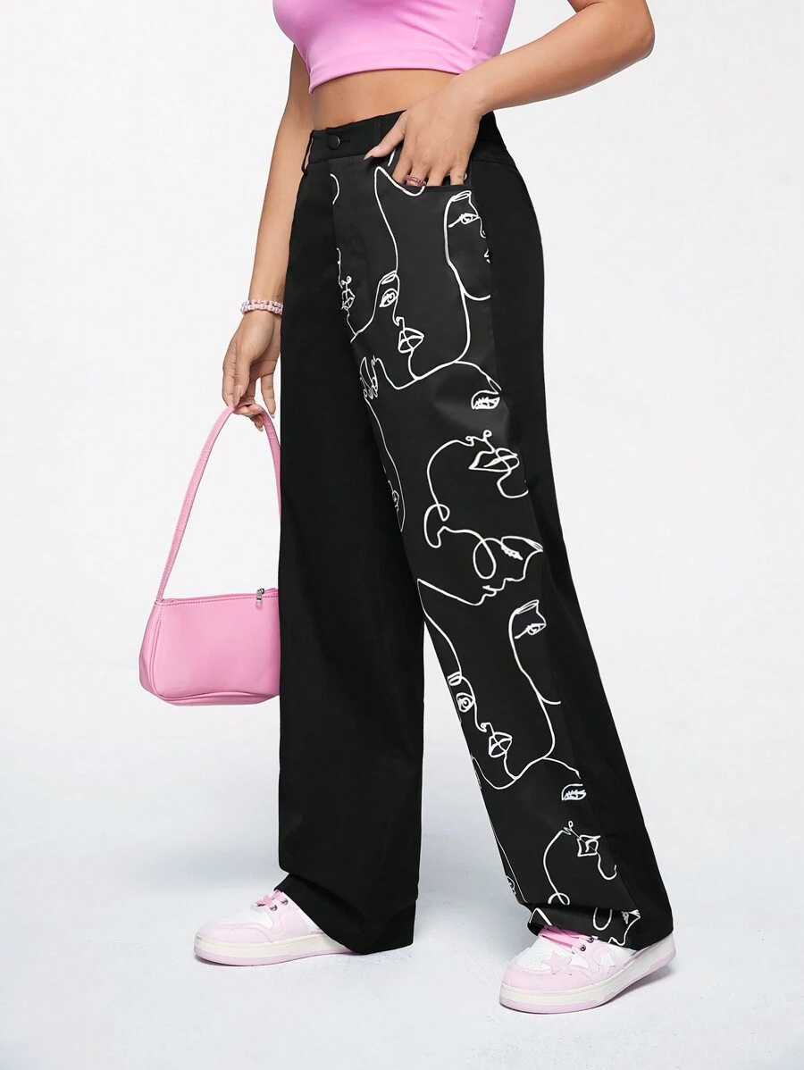 SHEIN Qutie 撞色印花休闲黑色长裤 - 黑色 - 查看 1