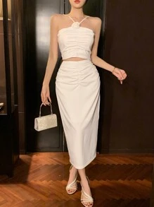 DAZY 女士 2 件套包括露背吊带背心和百褶裙舞会 - 白色 - 查看 6