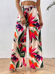 Breezaya Pantalon Large À Imprimé De Plantes À Taille Élastique Avec Fente Latérale - Vert - Voir 6