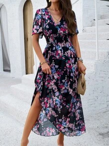 Đầm nữ in hoa mùa xuân hè 2024, có dây thắt eo, màu đen, kiểu dáng thanh lịch, thích hợp cho kỳ nghỉ. - màu đen - Xem 1