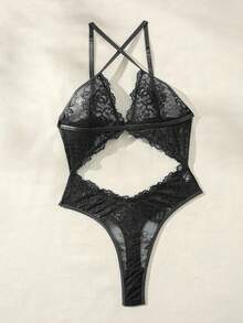 SHEIN 女式花卉蕾丝镂空交叉露背紧身衣，坏蛋造型