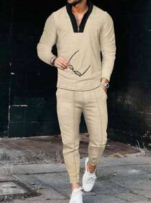 Men's Color Block Stand Collar Sweatshirt And Pants Set - Khaki - View 1