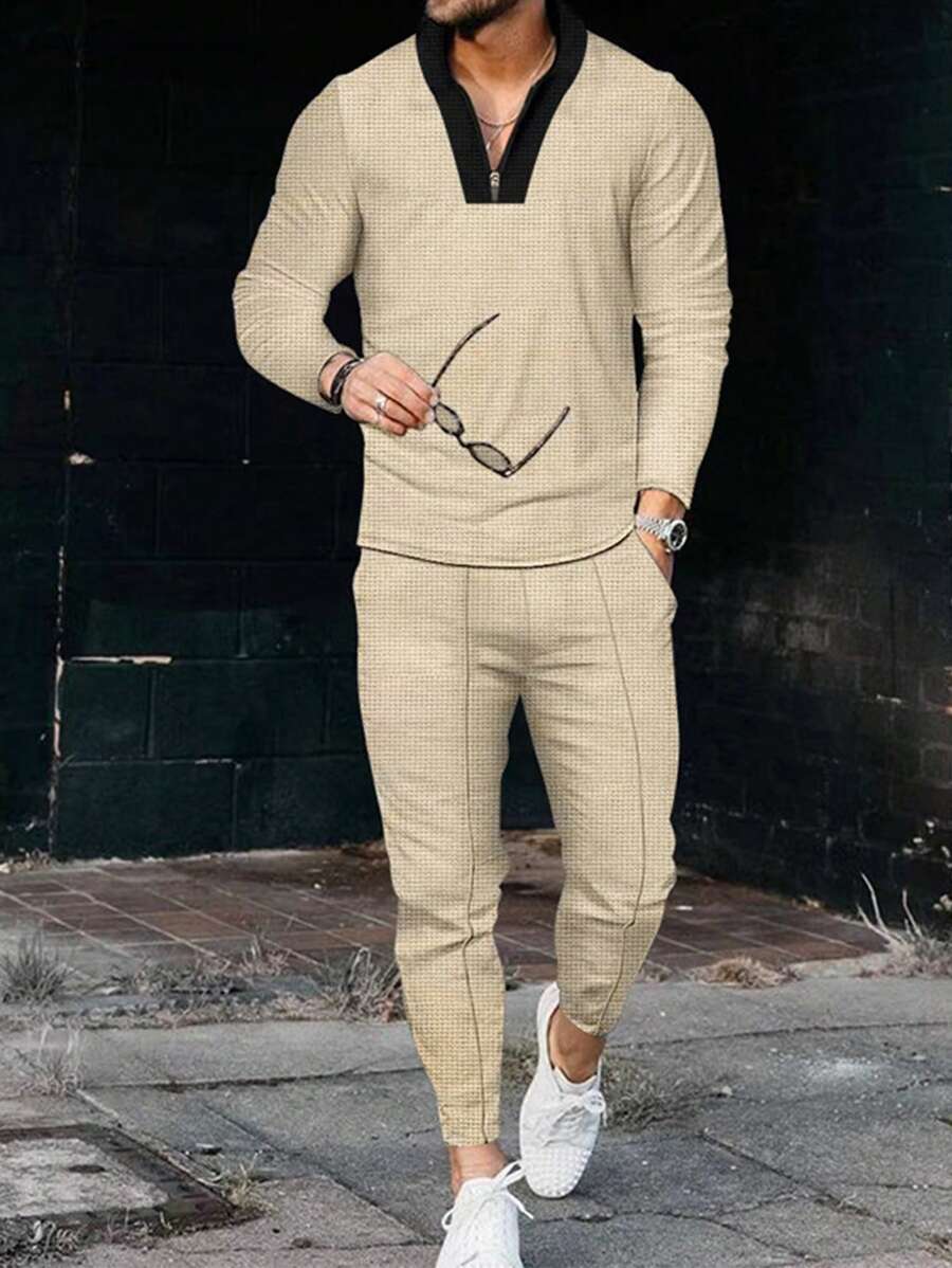 Men's Color Block Stand Collar Sweatshirt And Pants Set - Khaki - View 1