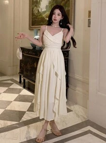 DAZY Váy suông nhún bèo lưng nhún bèo, váy dự tiệc sinh nhật, tiệc năm mới, váy suông thanh lịch cho nữ - trắng - Xem 3