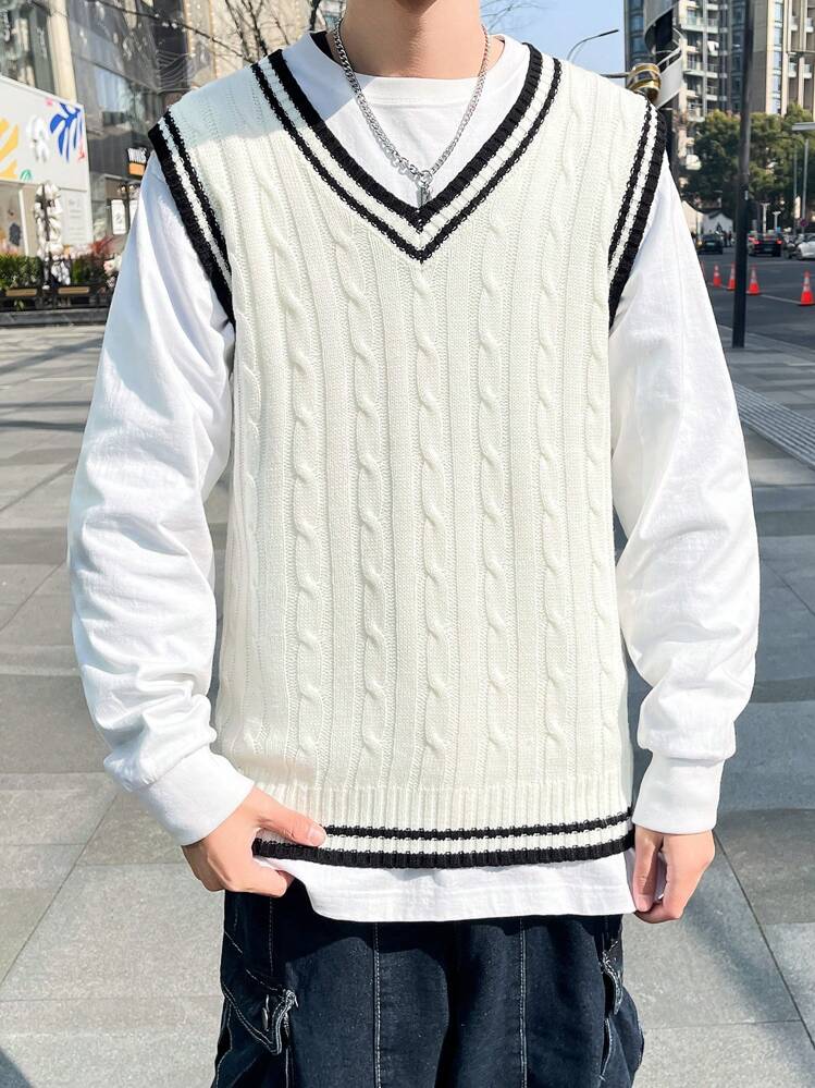Manfinity CasualKnits Kontrastbandande V-ringad casual tröjväst för män, standardstorlek, för höst/vinter - Vitt - Visa 4