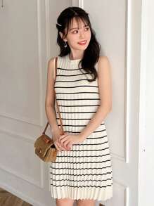 FRIFUL Của phụ nữ Sọc Không tay Đầm Áo len - Màu be - Xem 7