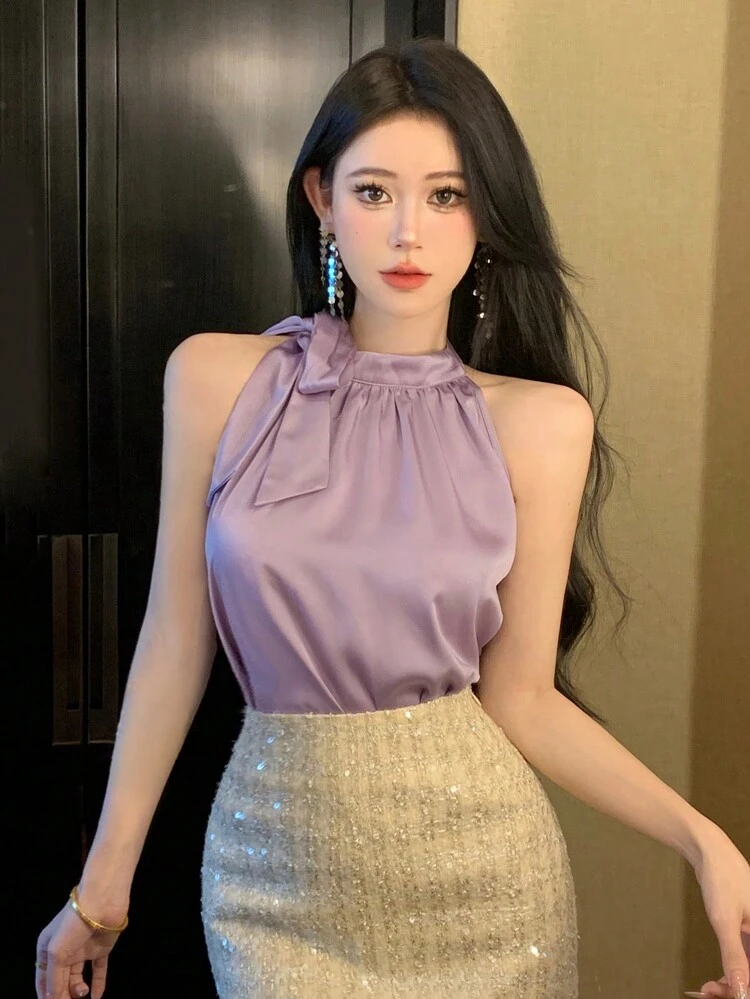 Women's Stand Collar Sleeveless Tied Shirt ,New Year Eve Going Out Tops Carnival