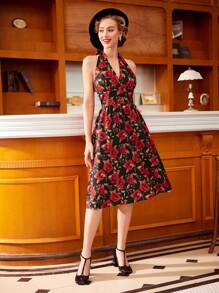 Vintamour 復古優雅鬆身玫瑰印花連衣裙，配有蝴蝶結領口和傘裙，適用於春夏復活節女裝夏季服裝 - 彩色 - 查看 4