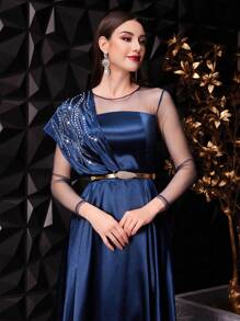 Modelyn Women's Shiny Rhinestone Mesh Splicing Satin Dress,Elegant Evening Party Dress Long Evening Dresses - Navy Blue - View 5