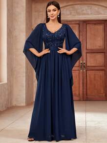 MIUSOL 深V领亮片拼接花卉蕾丝雪纺正式派对长裙，优雅女士派对礼服