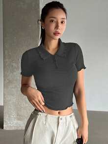 DAZY Của phụ nữ Màu thuần Kết cấu Vòng cổ Quần skinny Gầy Ngắn tay Áo thun - màu đen - Xem 3