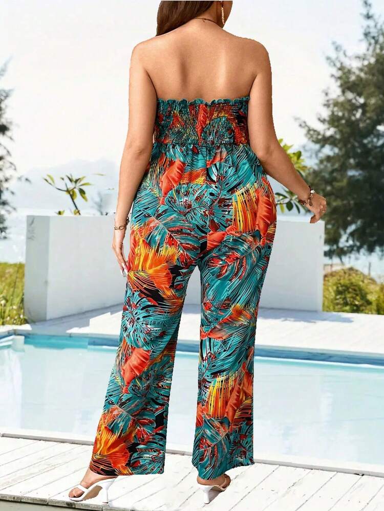 Plus Size Plant Printed Strapless Jumpsuit