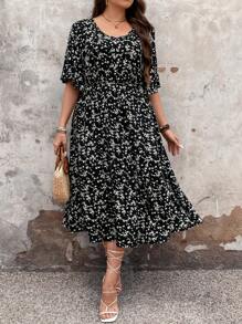 EMERY ROSE Plus Size Women Floral Print Round Neck Dress, Women Summer Outfit - Black - View 1