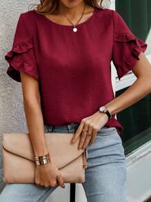 EMERY ROSE Effen blouse met ruches en bloemblaadjesmouwen, tops met korte mouwen