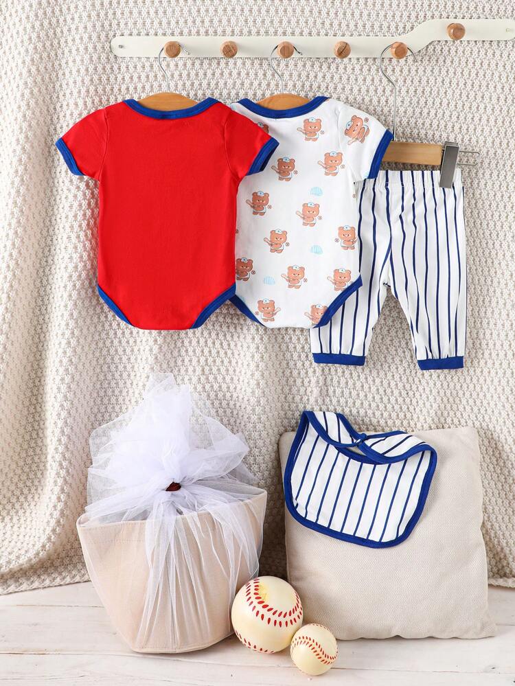 Newborn Baby Boy Letter & Cartoon Print Short Sleeve Bodysuit Boxed Gift Set