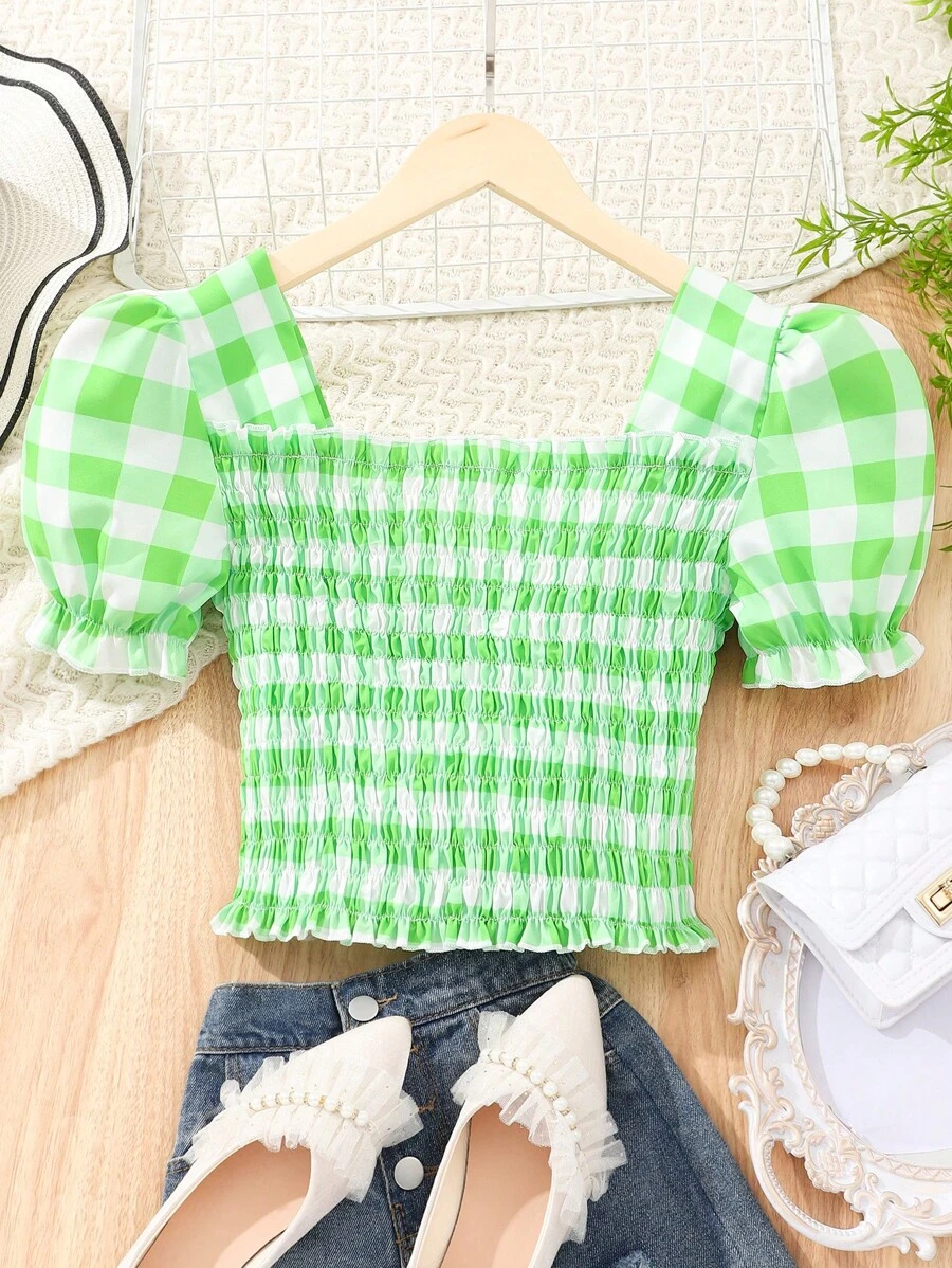 Blusa Para Adolescente Menina, Camisa Verde Xadrez Com Manga Curta Puff E Cintura Elástica Para O Verão