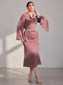 Modelyn 純色V領披肩袖上衣與魚尾下擺裙 2件套 - 珊瑚粉 - 查看 8