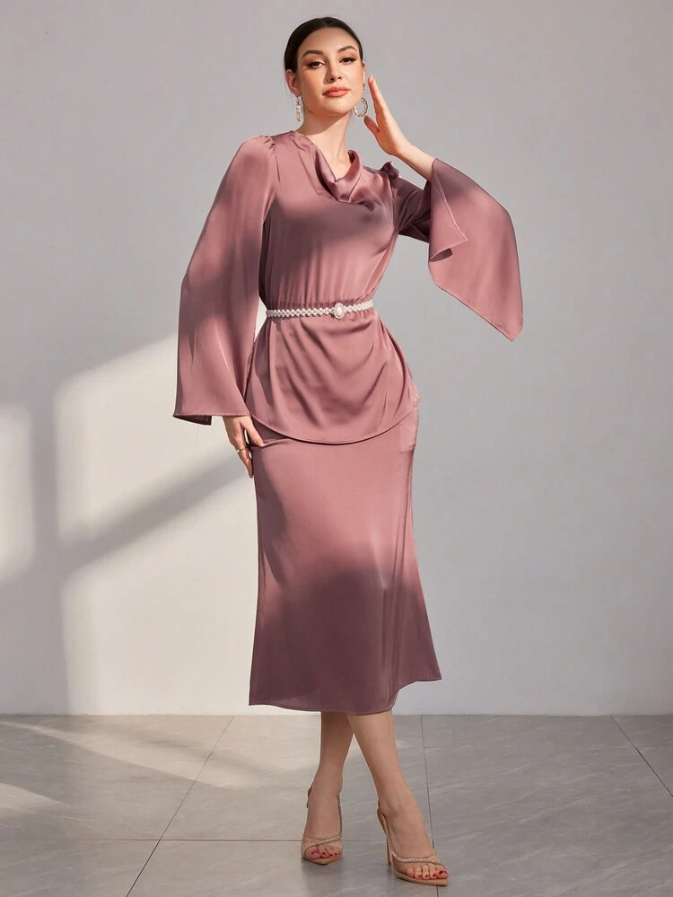 Solid Color V-Neck Cape Sleeve Top And Fish Tail Hem Skirt 2 Piece Set