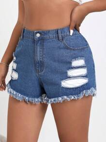 SHEIN EZwear Plus Size Frayed Hole Design Denim Mini Shorts Without Elasticity