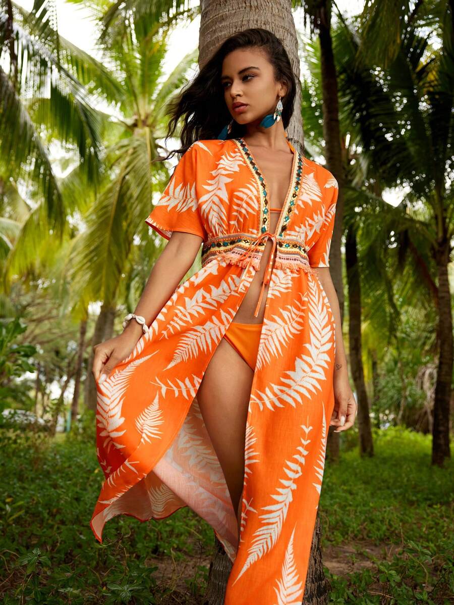 SHEIN Swim Áo choàng ngày lễ in họa tiết thực vật cho nữ có cổ và eo bằng ren mỏng manh - trái cam - Xem 1