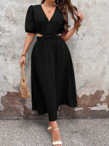 SHEIN LUNE Plus Size Puff Short Sleeve Hollow Out Waist Dress With V-Neckline