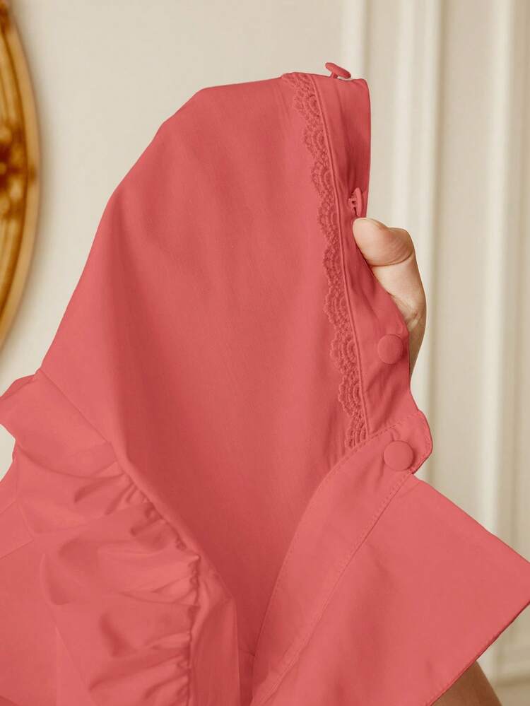 Solid Lace Trim Button Front Shirt Winter Elegant Brown