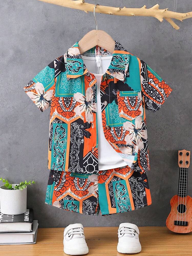 3pcs/Set Baby Boy Casual Vacation Style Short Sleeve Shirts & T-Shirts And Loose Printed Shorts