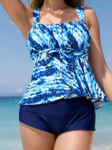 SHEIN Swim 夏季女士扎染吊带背心和纯色高腰比基尼套装嘉年华 - 彩色 - 查看 4