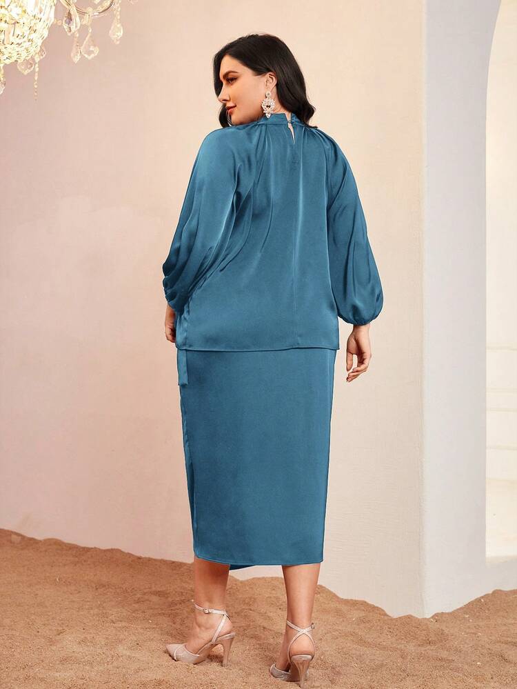 Plus Size Women's Lantern Sleeve Stand Collar Top And Skirt Set