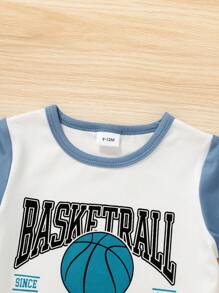 Young Boy's Soft Comfortable Breathable Basketball-Inspired Colorblock Tee With Slogan Pattern And Letter Printed Denim Athletic Shorts, Suitable For Casual, Daily Wear, Vacation Or Outdoors - Multicolor - View 4