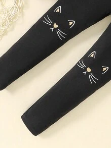 SHEIN Young Girl Cartoon Cat Printed Sweatshirt And Pants Set - Khaki - View 3