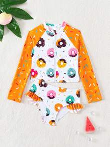 Tween Girl Colorblock Donut Print Swimwear Set - Multicolor - View 1
