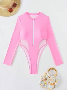 Swim Vcay 女式半拉链长袖镂空连体泳衣，适合夏季、海滩、游泳和度假 - 粉色 - 查看 7