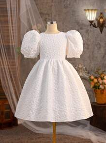 SHEIN 青少女泡泡袖圓領提花連衣裙,背部v領和3d蝴蝶結裝飾 - 白色 - 查看 7