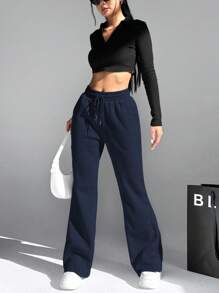 SHEIN EZwear Elastic Waist Slant Pocket Flared Trousers Graduation,Back To School Outfits,Graduation,Teacher Outfits For Women,Back To School - Navy Blue - View 4