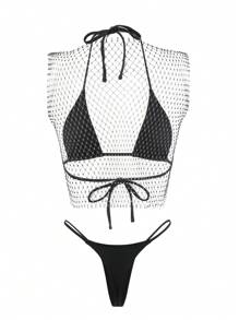 Swim SXY Summer Women's Halter Neck Bikini Set And Sleeveless Fishnet Cover Up Top - Black - View 4