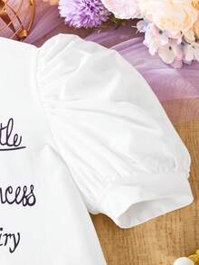 SHEIN Tween Girls' Cartoon Girl Pattern Bubble Sleeve T-Shirt Dress - White - View 4