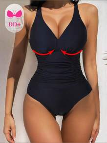 Swim DD+ Summer Beach Solid Color Backless Swimsuit With Pleated Details - Black - View 5