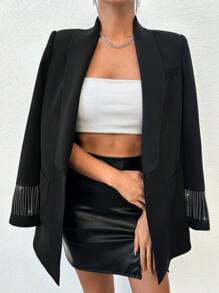 RueChic Shawl Collar Diamond With Fringed Edge Blazer Jacket - Black and White - View 3